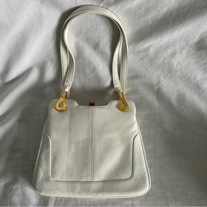 Vintage 60’s/70’s LOU TAYLOR White Leather Handbag Hinged Swivel Mirror